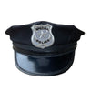 Black police officer costume hat with a silver badge featuring a star and the word police