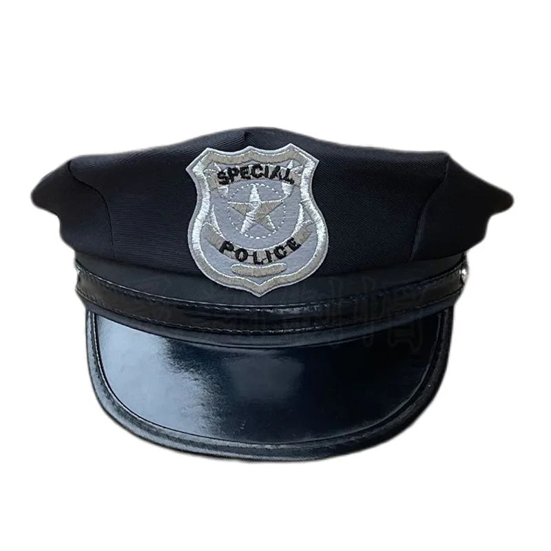 Black police officer costume hat with a silver badge featuring a star and the word police