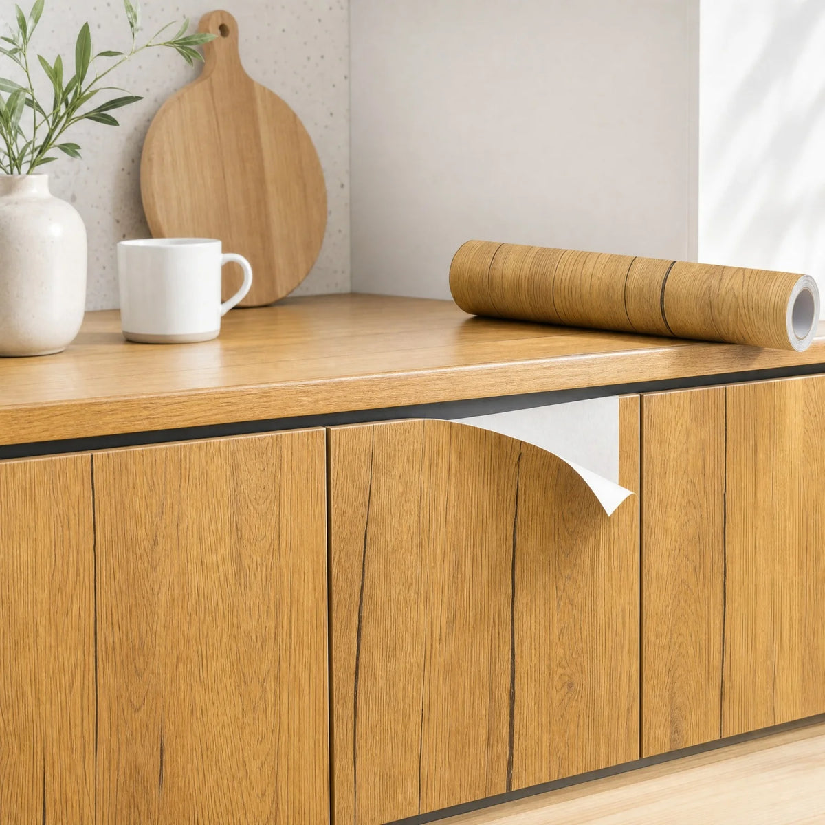 A roll of self-adhesive wood grain wallpaper is displayed on a wooden cabinet top next to a mug and a cutting board.