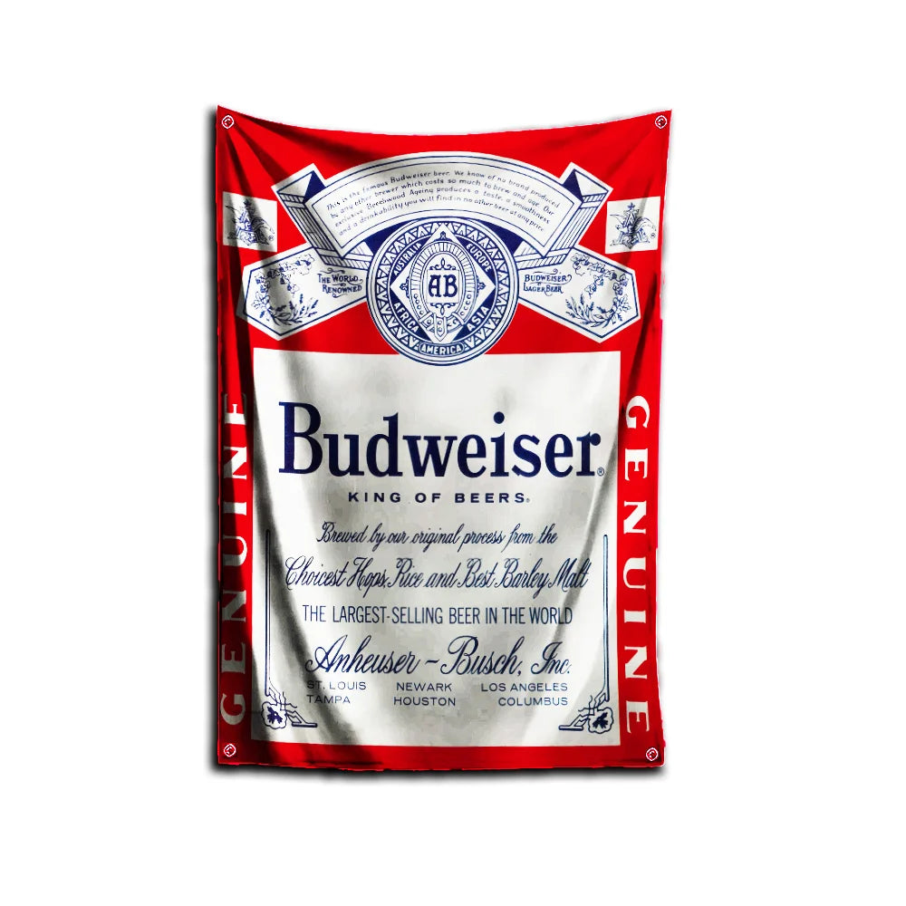 A red flag featuring the Budweiser logo and text, designed for decoration.