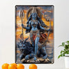Metal Durga Lakshmi wall art statue depicting the goddess standing over a lion and holding weapons