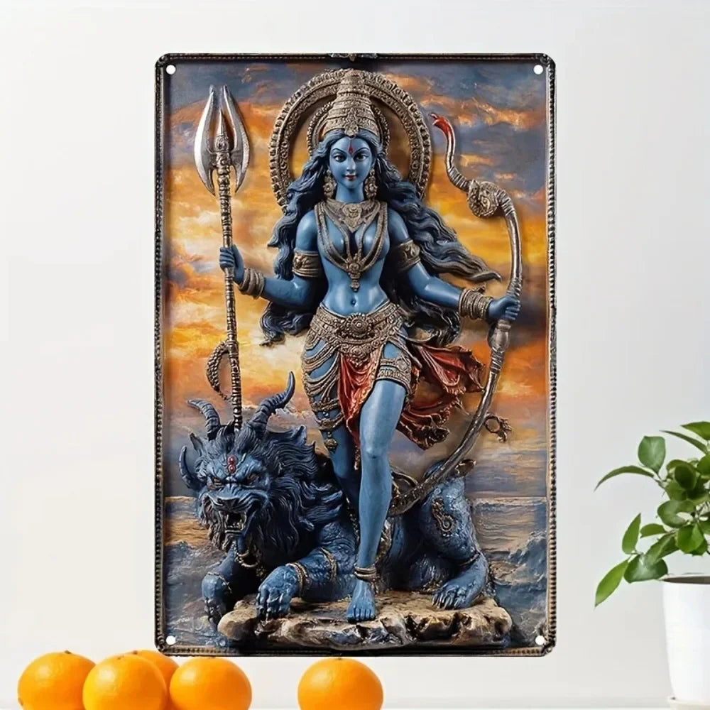 Metal Durga Lakshmi wall art statue depicting the goddess standing over a lion and holding weapons