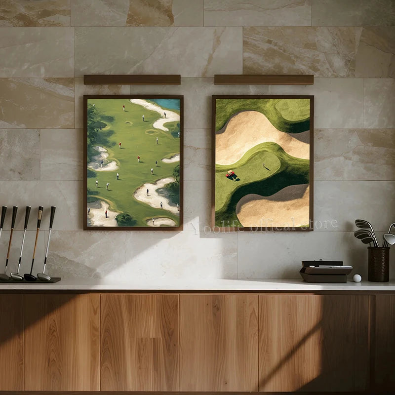 A canvas print featuring a green golf course landscape with rolling hills and trees.