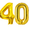 A large gold foil balloon shaped like the number 40 for celebrations.