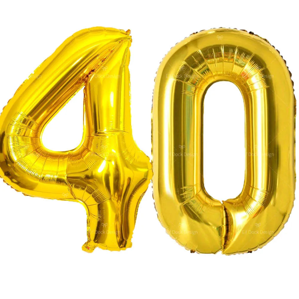A large gold foil balloon shaped like the number 40 for celebrations.