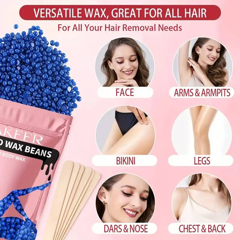 A variety of wax beans and applicators for hair removal including face, arms, bikini, legs, and chest.