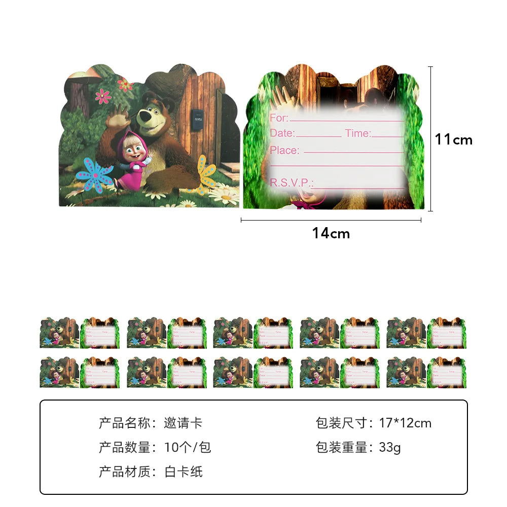 A set of party decor featuring woodland animals like a bear and a mouse in a natural setting