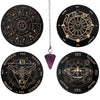 A set of five wooden divination boards featuring astrological symbols and words like Yes No Maybe and Rephrase