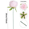 Pink silk peony artificial flowers with green stems shown in various close-up views