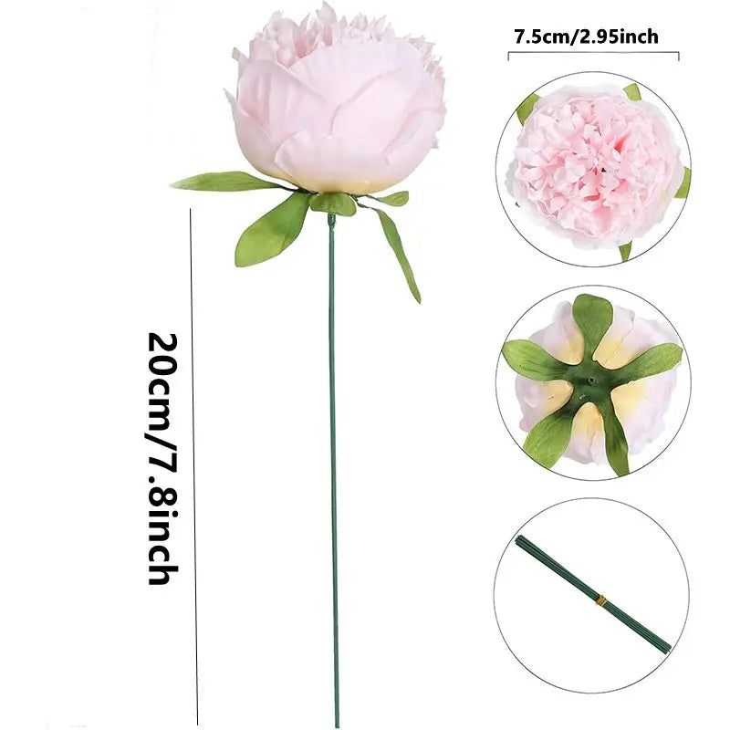 Pink silk peony artificial flowers with green stems shown in various close-up views