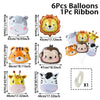 Six foil balloons featuring cartoon jungle safari animals like a monkey, tiger, and elephant, with one ribbon.