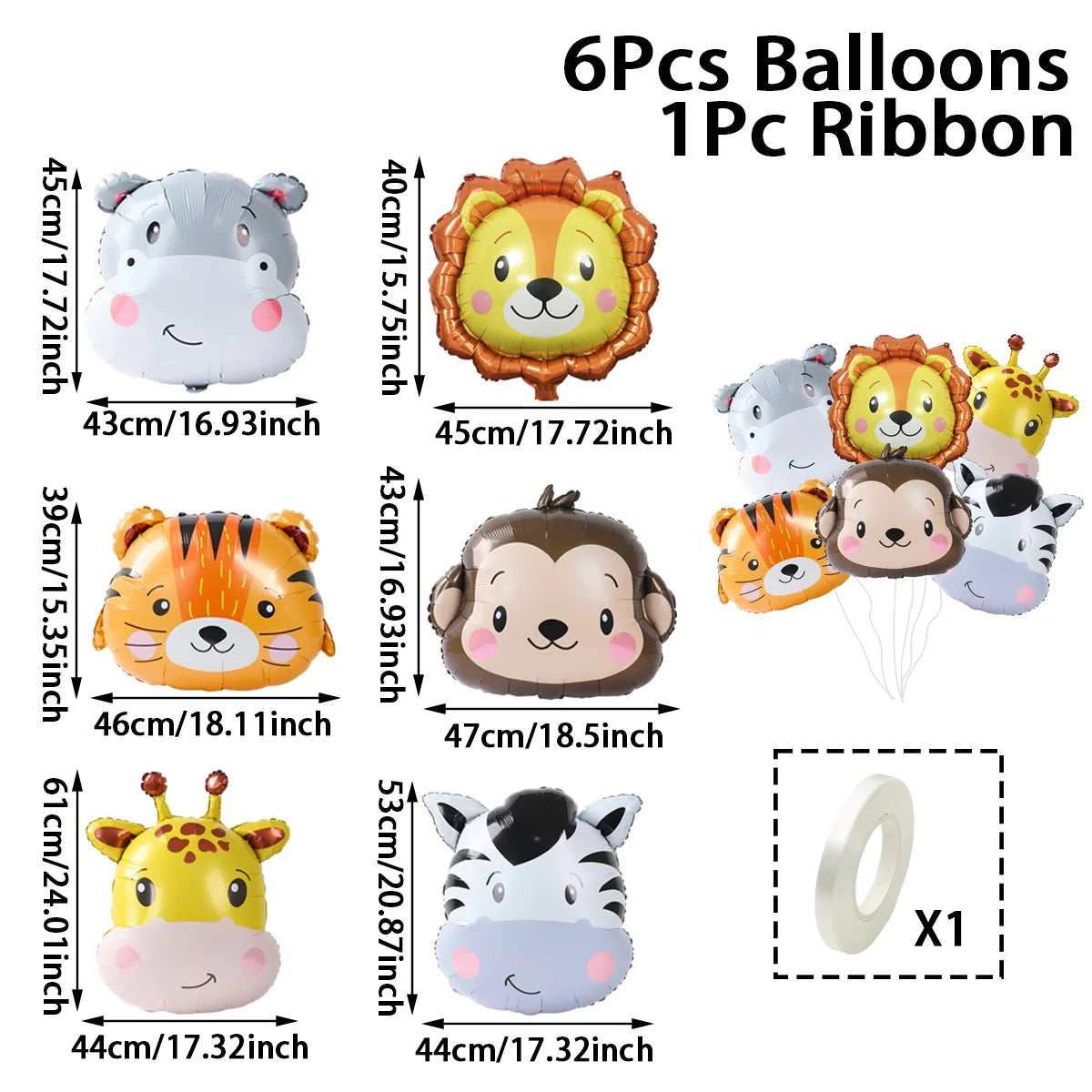 Six foil balloons featuring cartoon jungle safari animals like a monkey, tiger, and elephant, with one ribbon.
