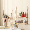 A rustic floating wooden storage shelf displaying potted plants, books, and decorative items on a light-colored wall.