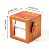 A wooden hand-crank flip photo frame with an LED light, showing its dimensions.