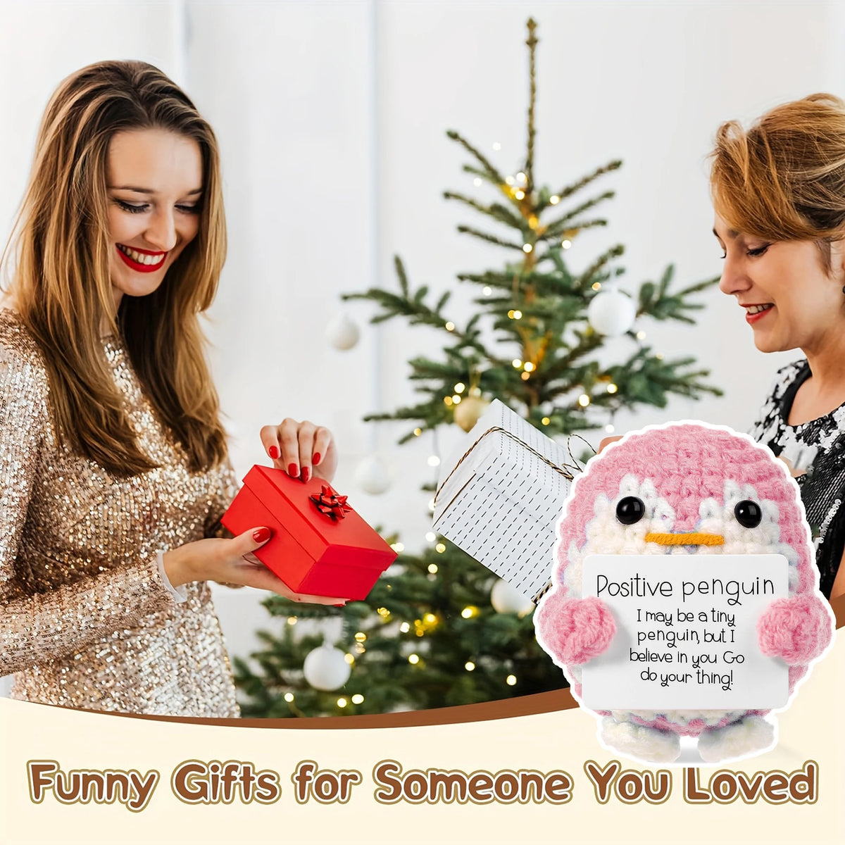 A handcrafted crochet penguin plush with an encouraging card is shown next to a woman in a festive holiday setting.