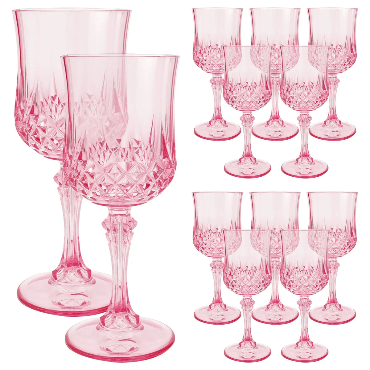 A set of 12 elegant pink plastic wine glasses and goblets displayed in various arrangements.