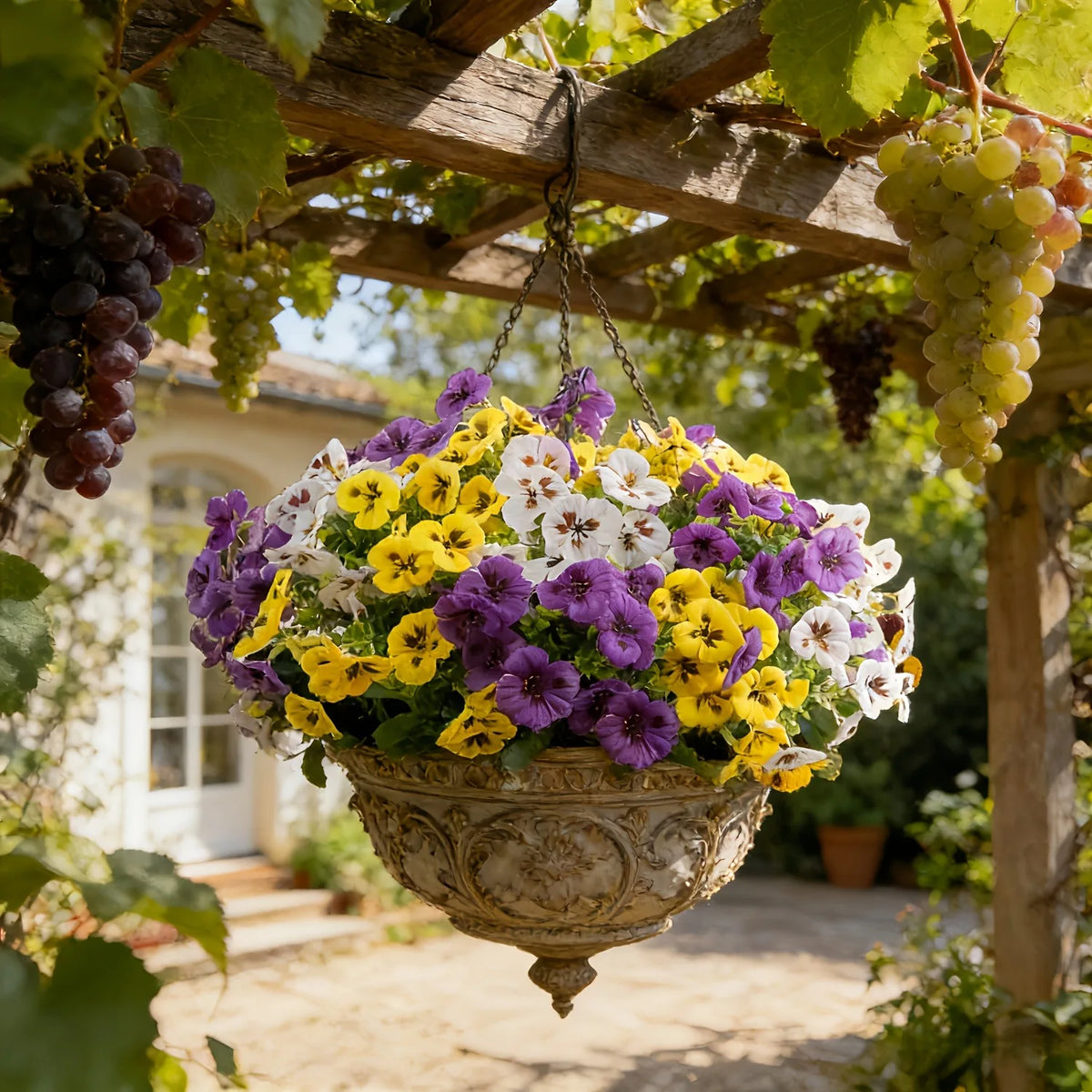 A hanging basket filled with artificial pansy and daisy flowers, suspended under a wooden pergola.