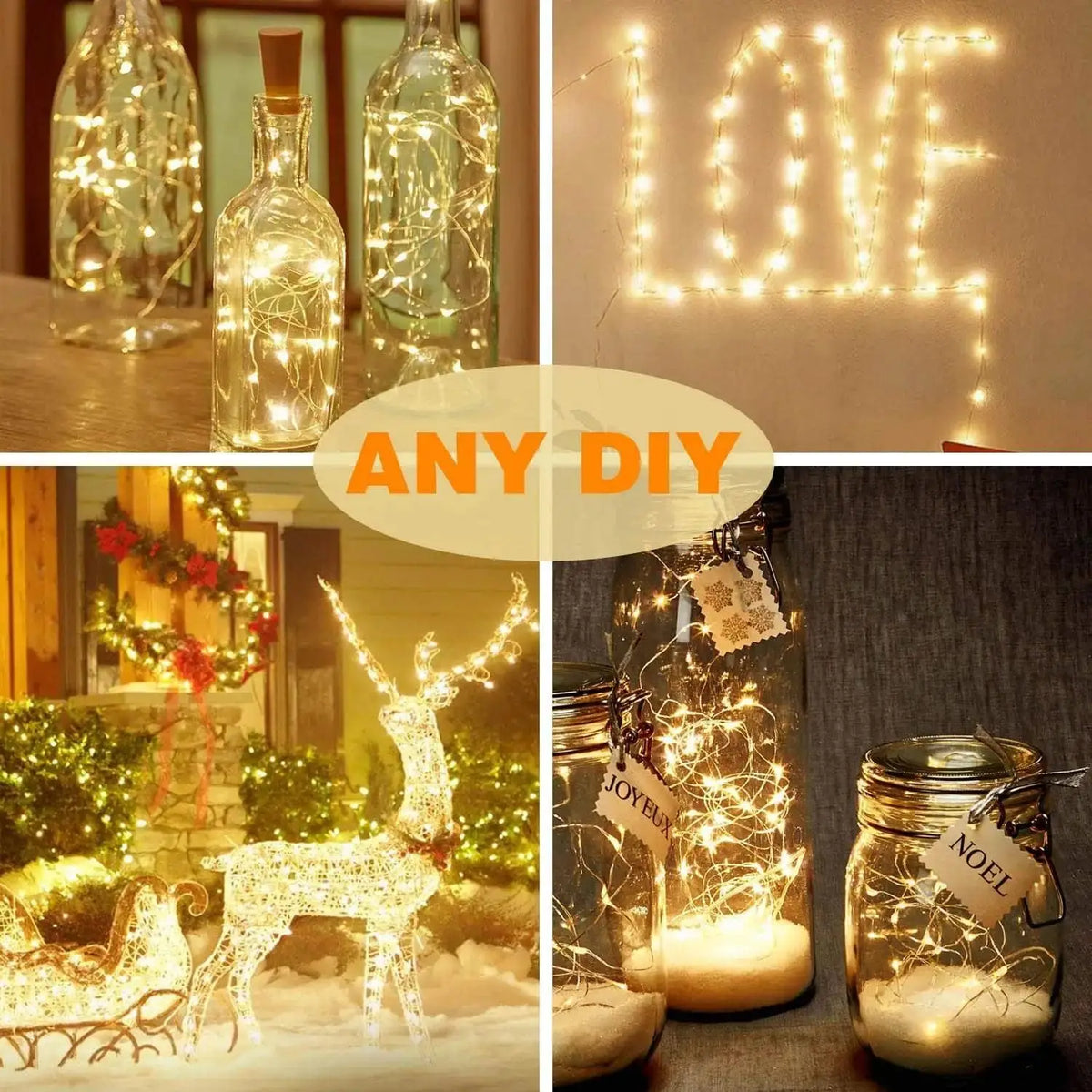 A collection of decorative glass bottles and a reindeer figure illuminated by warm fairy string lights.