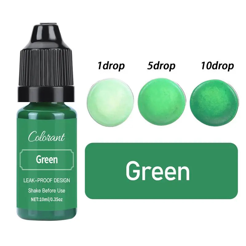 A bottle of green liquid colorant with dropper tips showing 1, 5, and 10 drops.