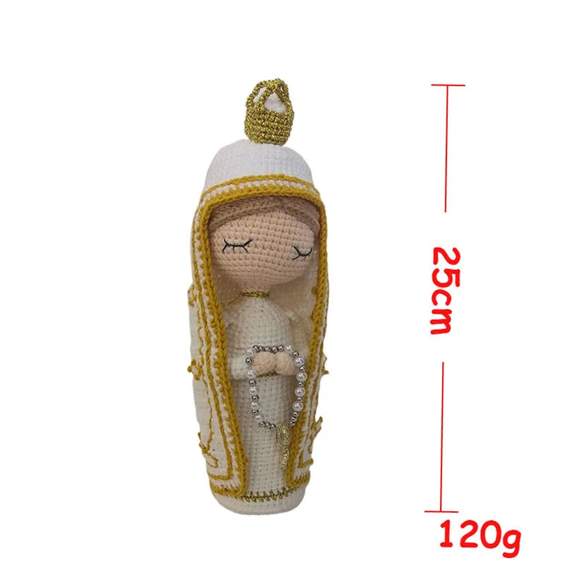 Handcrafted Virgin Mary crochet doll with a golden crown and draped fabric, weighing 120g.