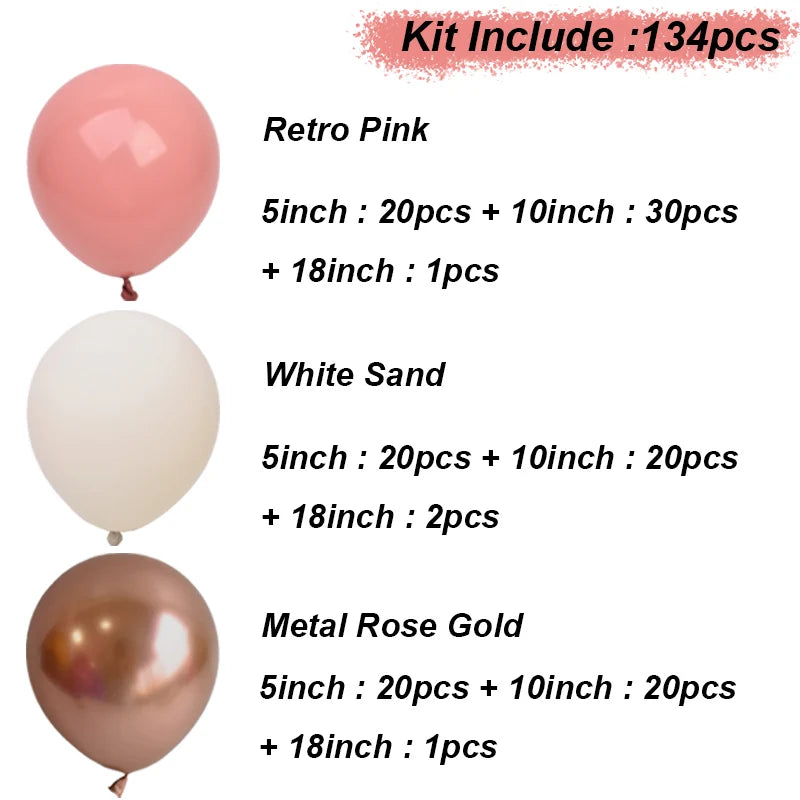 Kit includes 134 balloons in Retro Pink, White Sand, and Metal Rose Gold colors with various sizes.