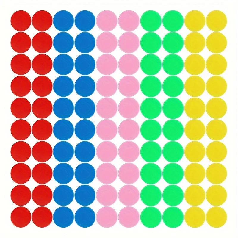 A grid of 60 colored plastic counting chips in red, blue, pink, green, and yellow.