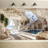 A luxurious indoor space featuring a natural rock cave design with a modern pool and large glass doors.