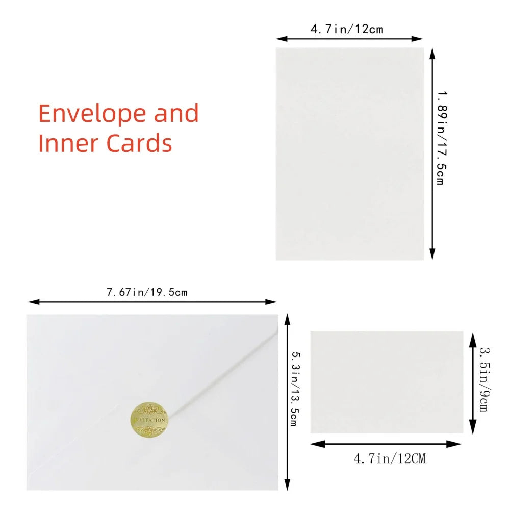 White envelope and inner cards with a gold pearl laser cut design.