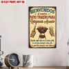 Vintage tin sign with Spanish text welcoming guests to a backyard patio for grilling