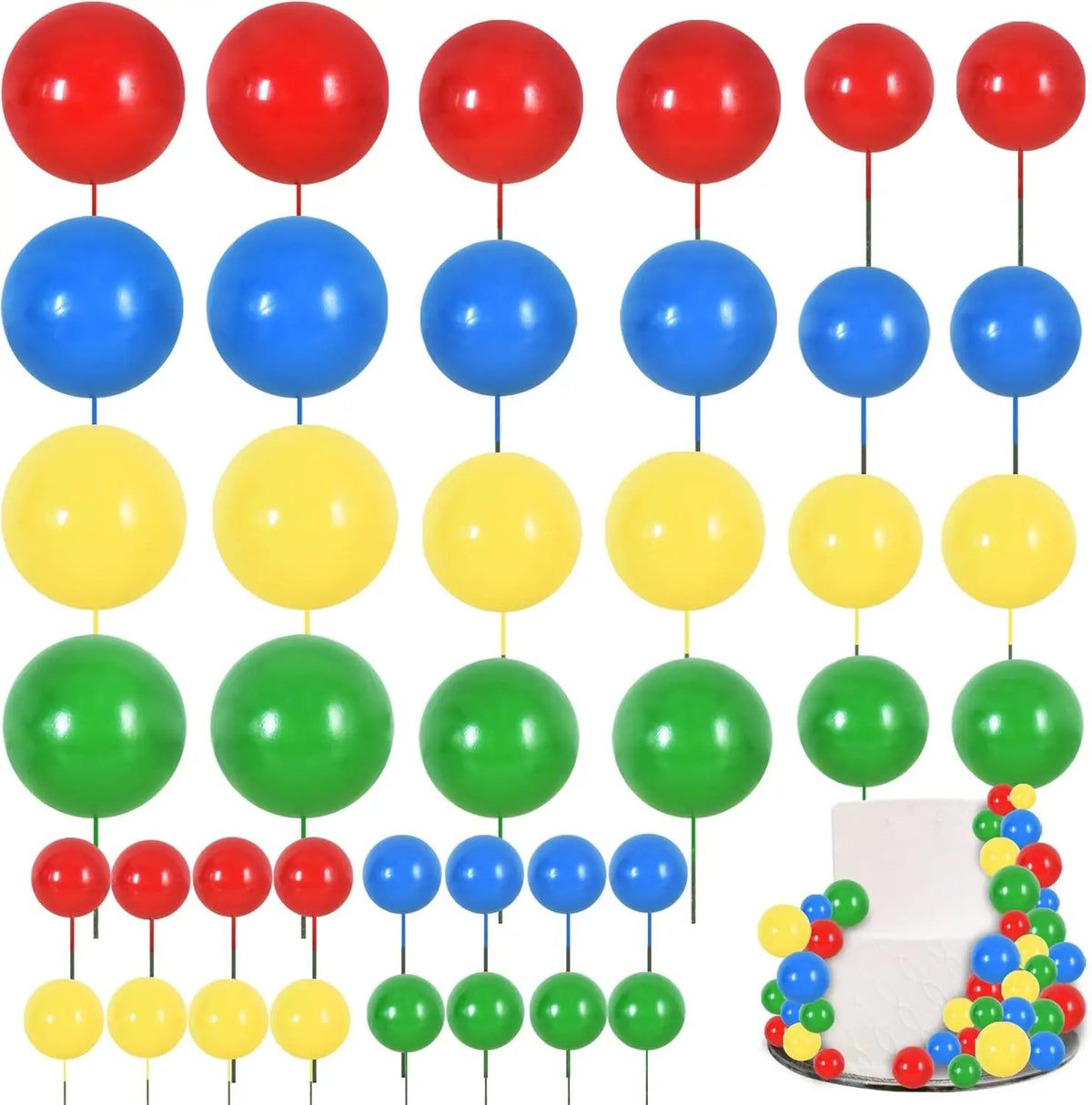 A set of colorful foam ball cake toppers in various colors including red, blue, yellow, and green.