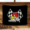 A black flag featuring a stylized red rooster head on a black and white checkered background.