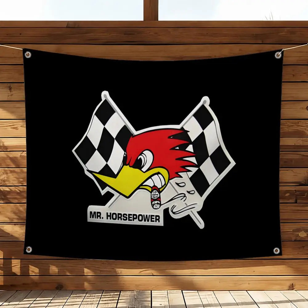 A black flag featuring a stylized red rooster head on a black and white checkered background.