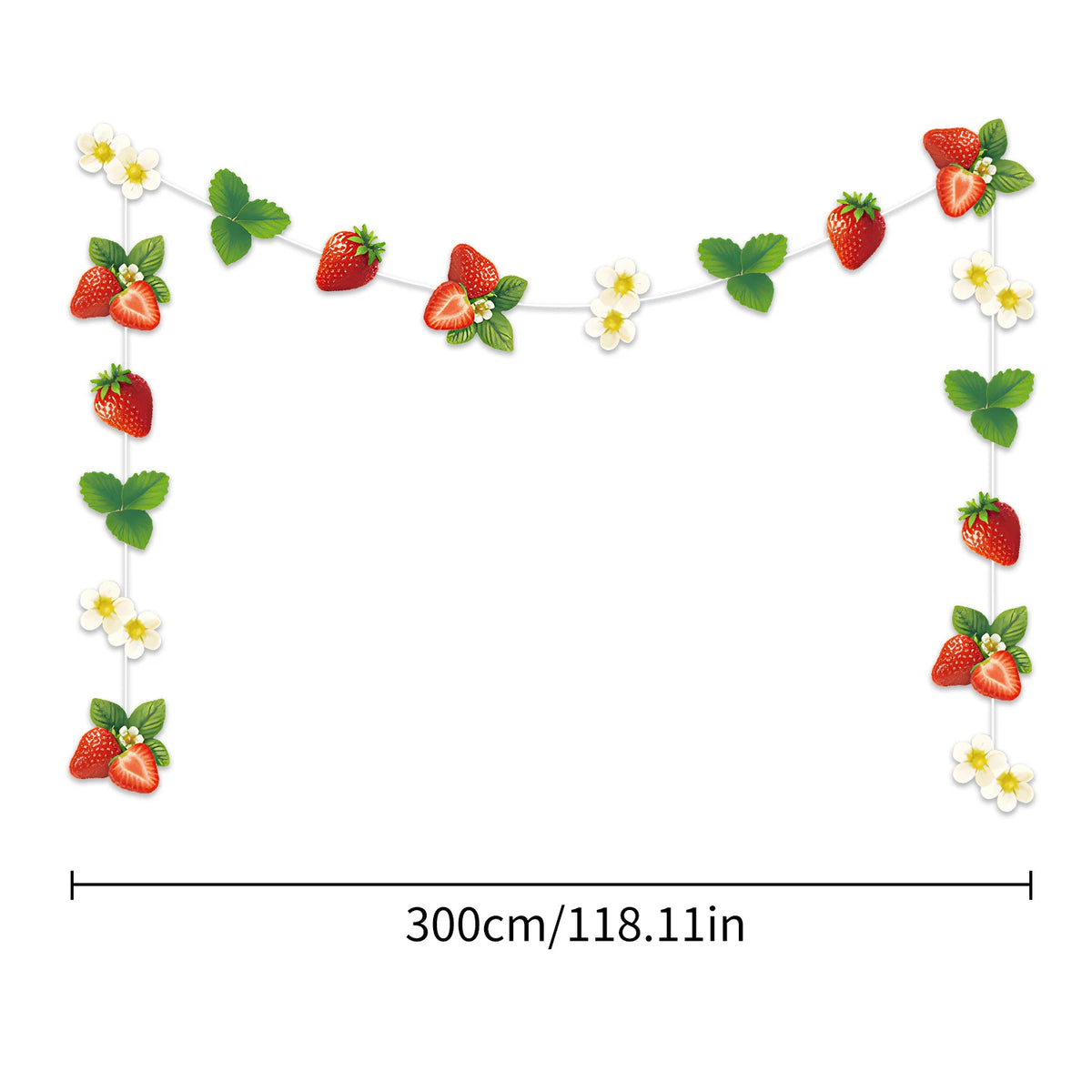 A decorative garland featuring strawberries, green leaves, and white flowers for a birthday party theme.