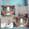 A tropical jungle leaf photography backdrop featuring pink and purple flowers and a wooden doorway.