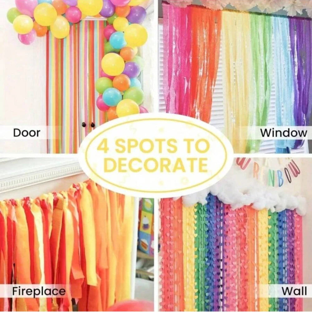Four spots to decorate with pastel crepe paper streamers including a door, window, fireplace, and wall