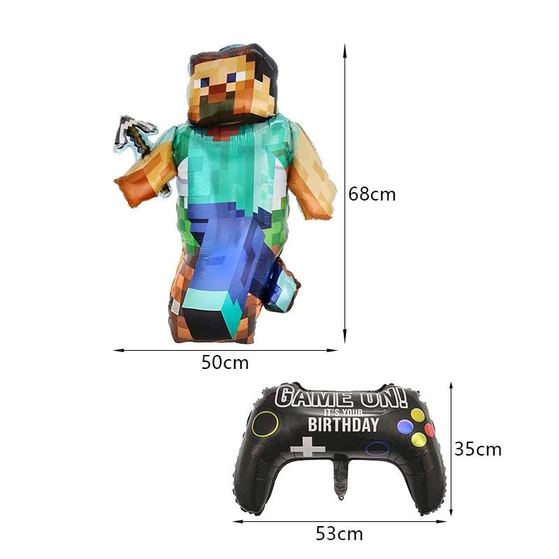 A Minecraft-themed birthday decoration kit featuring a block character and a game controller.