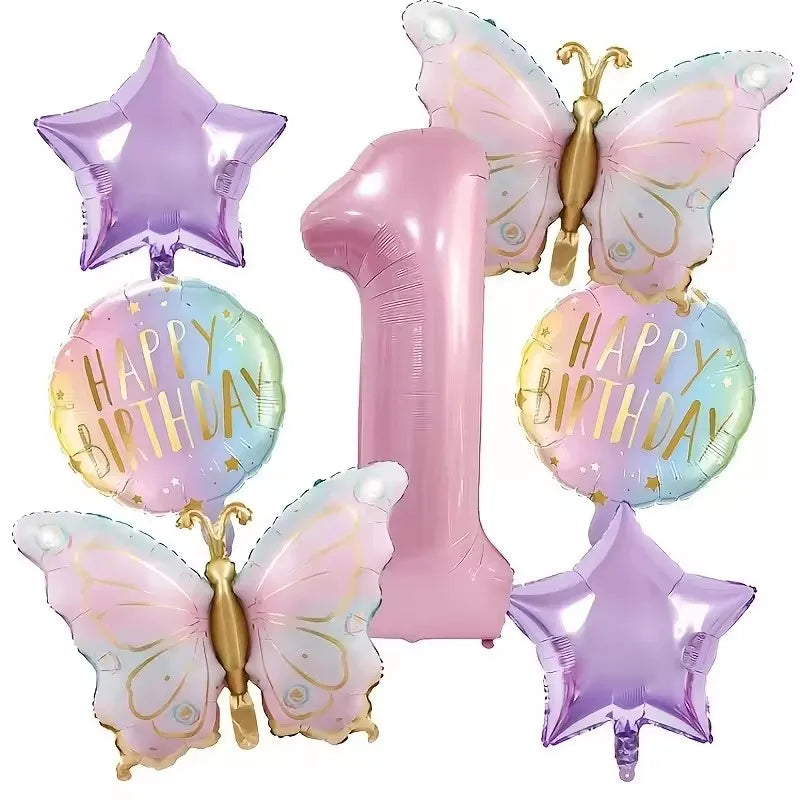 A set of seven pink butterfly and number balloons for a birthday party decoration