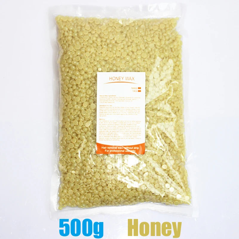 A package of 500g Honey Waxing Beans for body hair removal in a clear plastic bag.