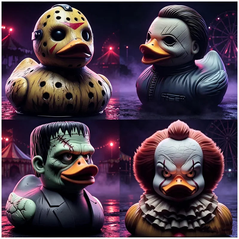 A collection of resin figurines depicting various horror movie ducks and similar creatures for spooky decor.