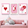 A set of three pink tarot card art prints featuring the Lovers card, including a swan and red hearts.
