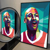 A framed canvas wall art portrait of a basketball legend with vibrant colors and geometric background.