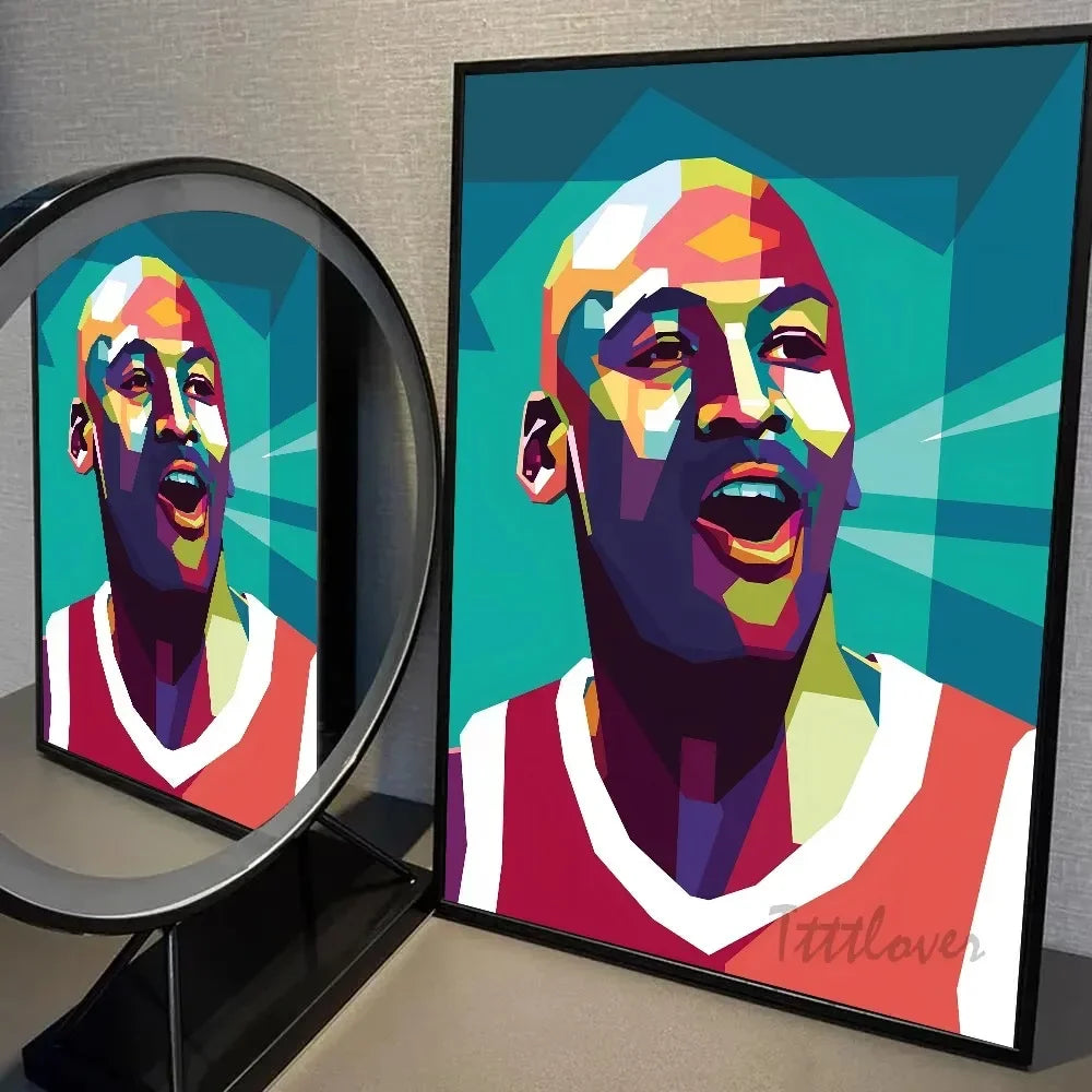 A framed canvas wall art portrait of a basketball legend with vibrant colors and geometric background.