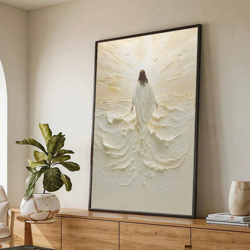 A vertical canvas art print depicting a figure, possibly Jesus, walking on water amidst turbulent waves.
