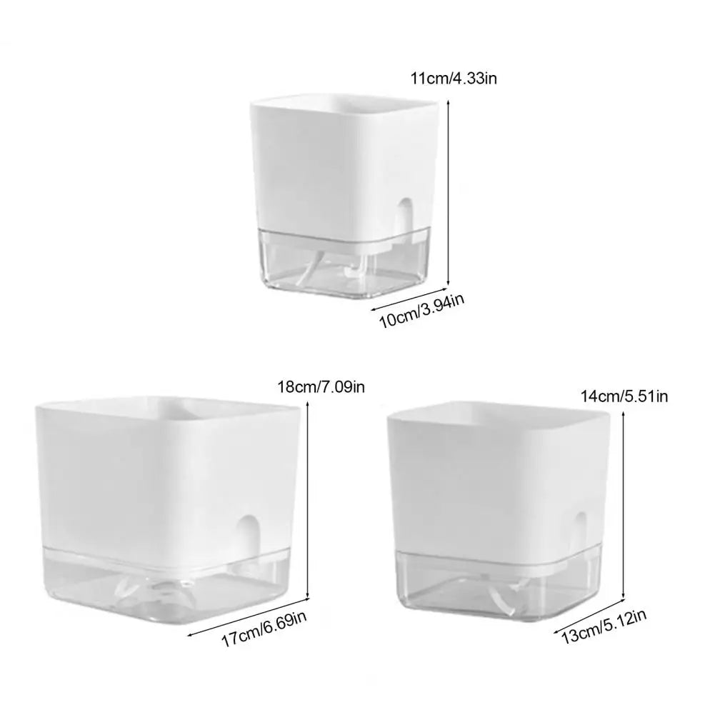 A white self-watering planter with a clear reservoir, shown in multiple views.