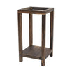 A rustic wooden candle holder lantern with a rectangular top and four vertical legs.