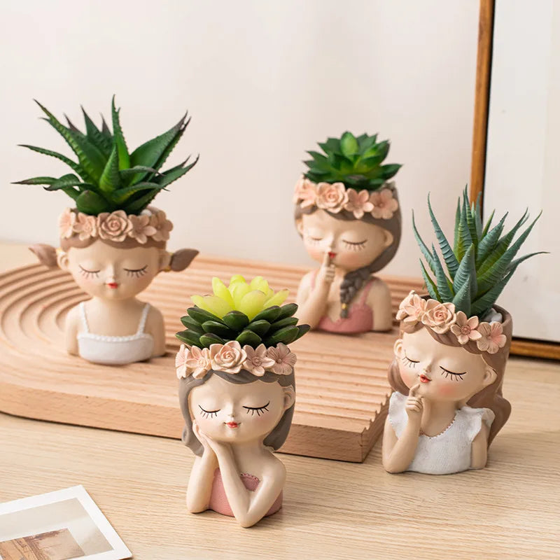 Resin Cartoon Girl Flower Planter