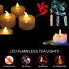 A set of LED flameless tea lights showing various colors and a comparison to traditional candles, emphasizing safety features
