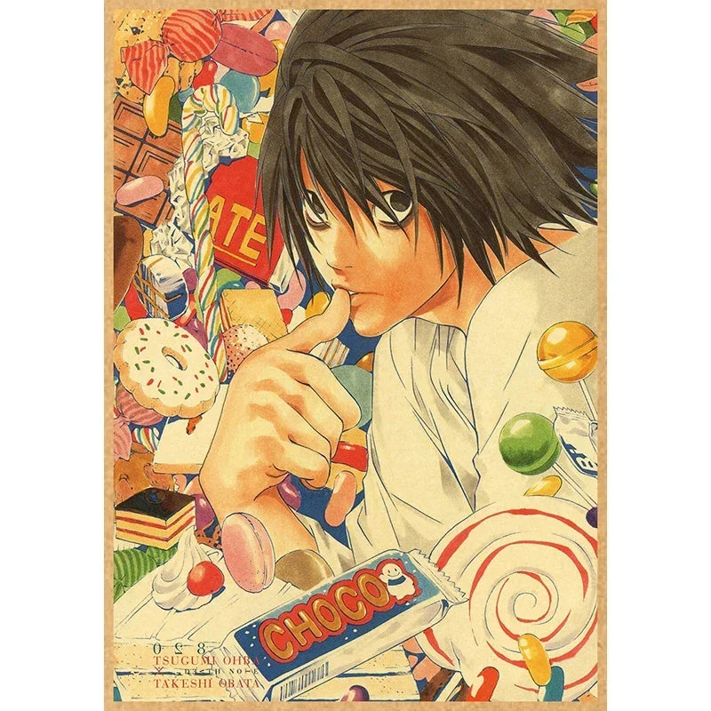 Vintage anime canvas wall art featuring a character from Death Note, painted in an expressive style.