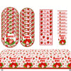 A set of strawberry themed disposable tableware including plates, cups, and napkins for a birthday party.