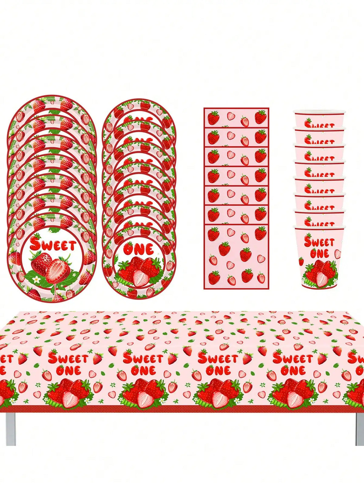 A set of strawberry themed disposable tableware including plates, cups, and napkins for a birthday party.
